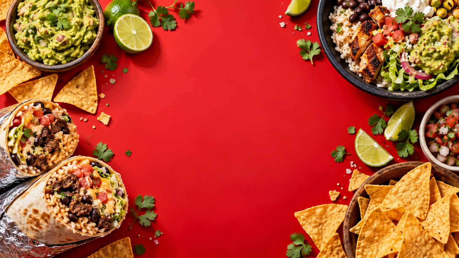 A colourful spread of burritos, chips, salsa and fresh ingredients
