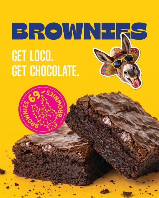 Chocolate brownies on a yellow Burrito Loco promotional graphic.