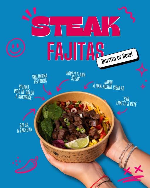 A steak fajitas bowl held against a blue promotional graphic.