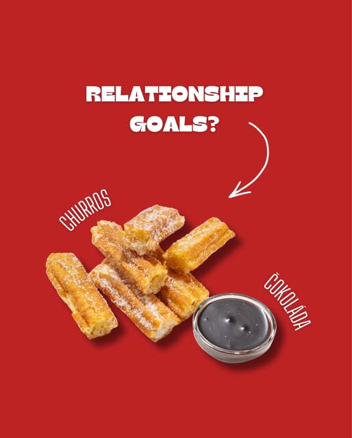 Churros and a chocolate dipping sauce on a red promotional graphic.