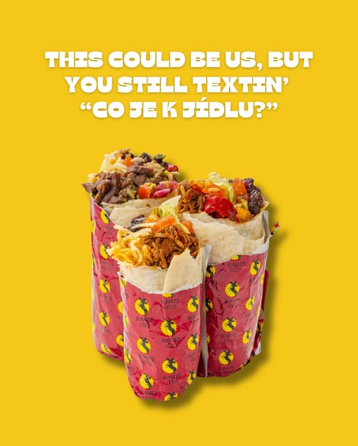 Three burritos in pink Burrito Loco wrappers on a yellow promotional graphic.